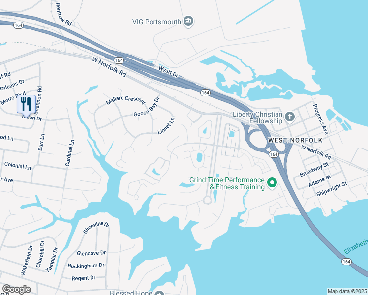 map of restaurants, bars, coffee shops, grocery stores, and more near 3826 Occoquan River Reach in Portsmouth