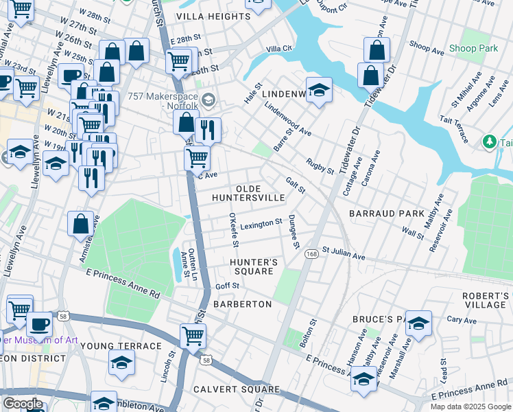 map of restaurants, bars, coffee shops, grocery stores, and more near in Norfolk