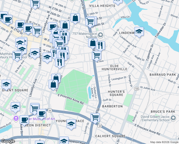 map of restaurants, bars, coffee shops, grocery stores, and more near in Norfolk