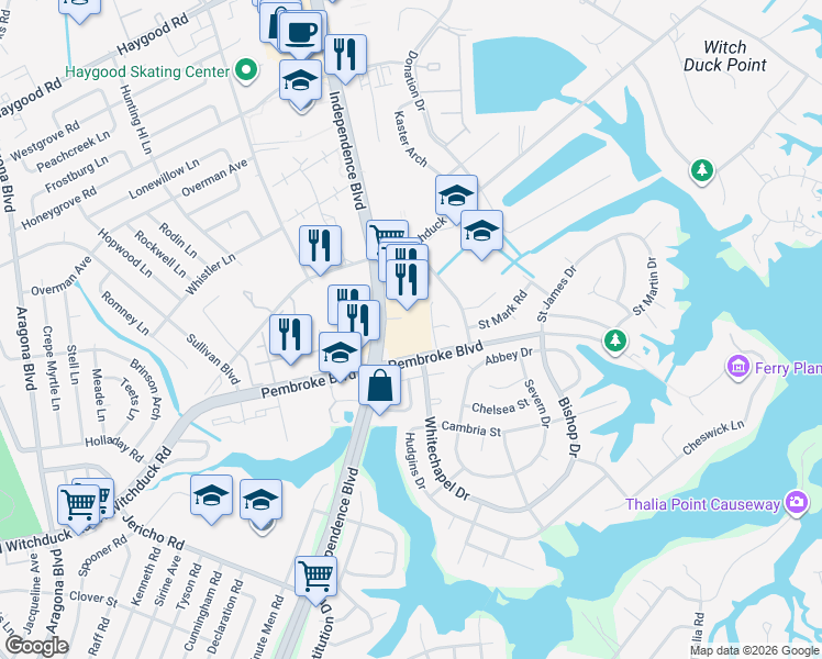 map of restaurants, bars, coffee shops, grocery stores, and more near 748 Independence Boulevard in Virginia Beach