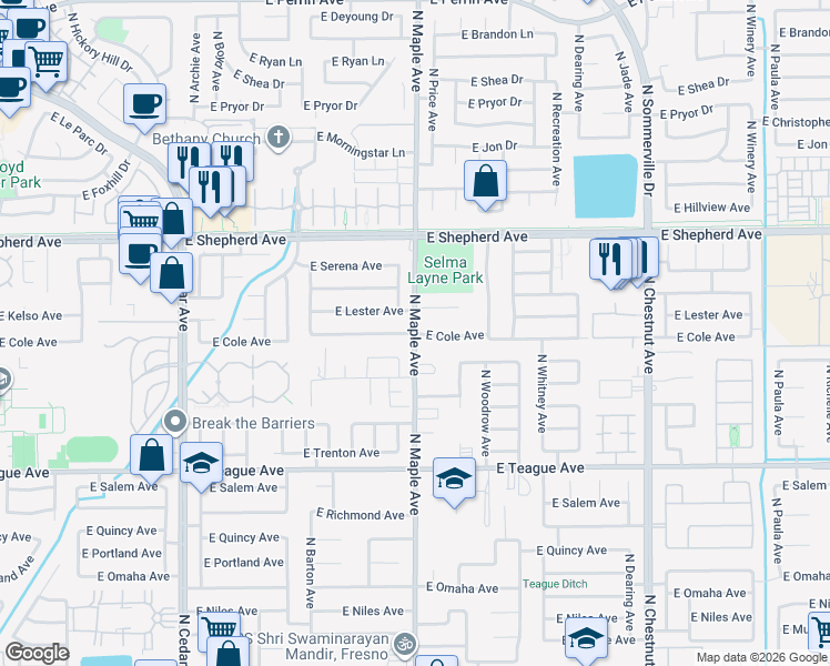 map of restaurants, bars, coffee shops, grocery stores, and more near North Maple Avenue & East Cole Avenue in Fresno