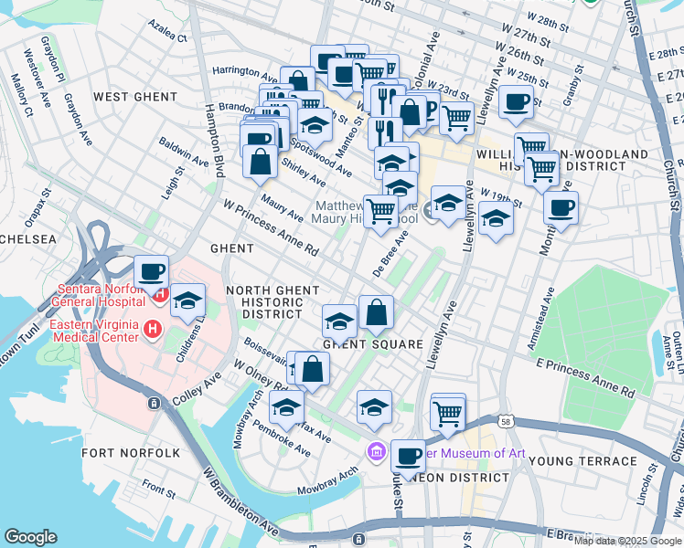 map of restaurants, bars, coffee shops, grocery stores, and more near 1207 Colonial Avenue in Norfolk