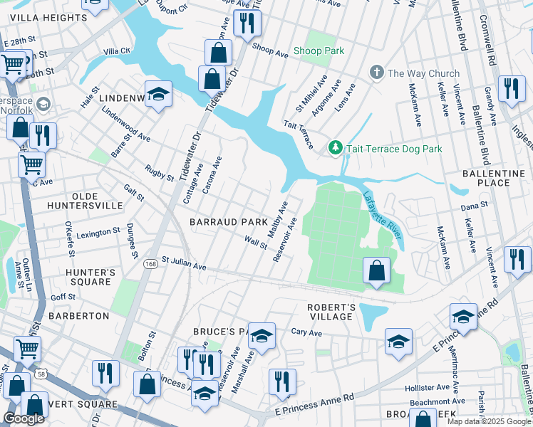 map of restaurants, bars, coffee shops, grocery stores, and more near 1220 Rugby Street in Norfolk