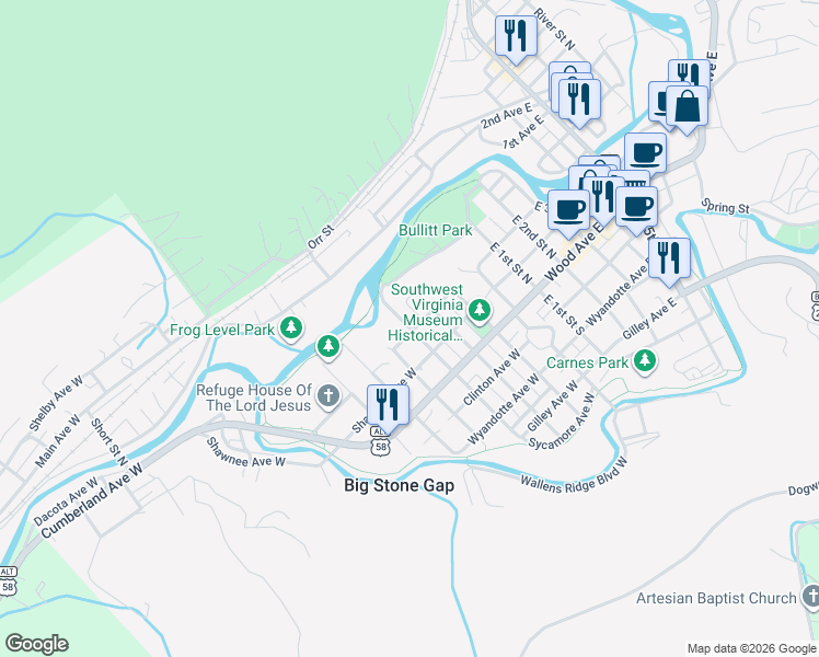 map of restaurants, bars, coffee shops, grocery stores, and more near West 3rd Street North in Big Stone Gap