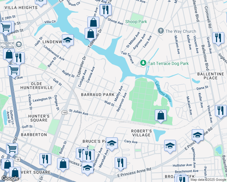 map of restaurants, bars, coffee shops, grocery stores, and more near 1220 Rugby Street in Norfolk