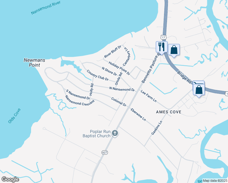 map of restaurants, bars, coffee shops, grocery stores, and more near 2833 North Nansemond Drive in Suffolk