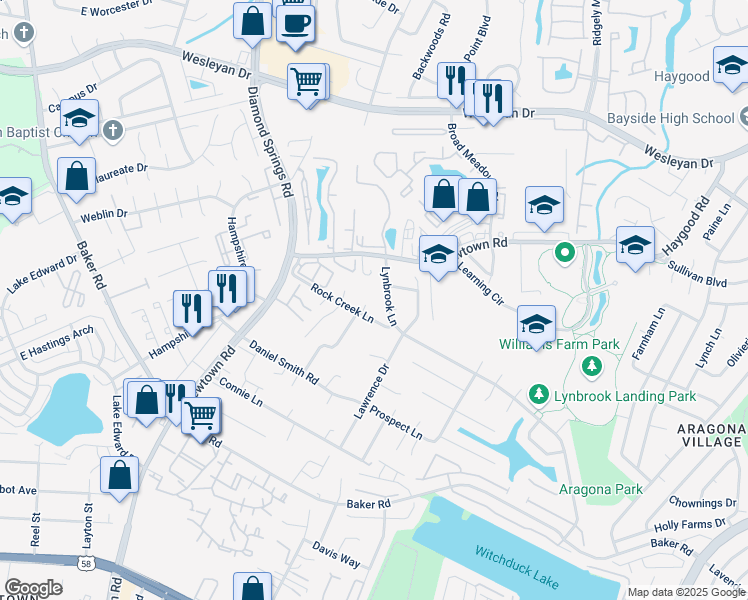 map of restaurants, bars, coffee shops, grocery stores, and more near 710 Brook Meadow Court in Virginia Beach
