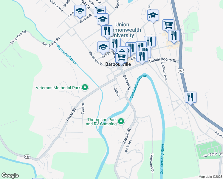 map of restaurants, bars, coffee shops, grocery stores, and more near 107 Pitzer Street in Barbourville