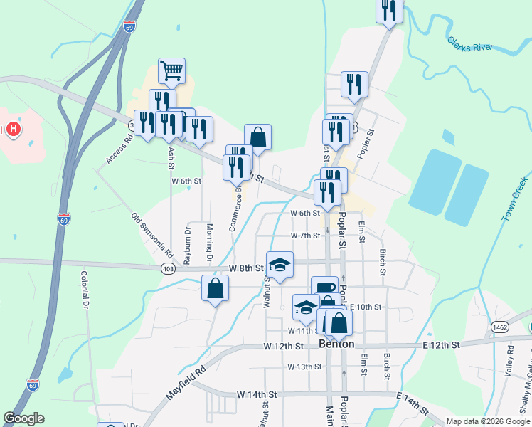 map of restaurants, bars, coffee shops, grocery stores, and more near 398 W 6th St in Benton