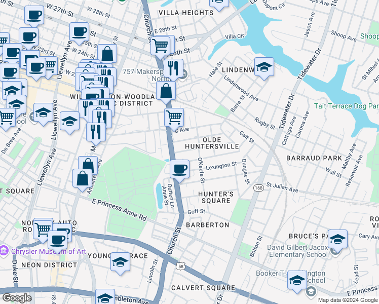 map of restaurants, bars, coffee shops, grocery stores, and more near 747 A Avenue in Norfolk