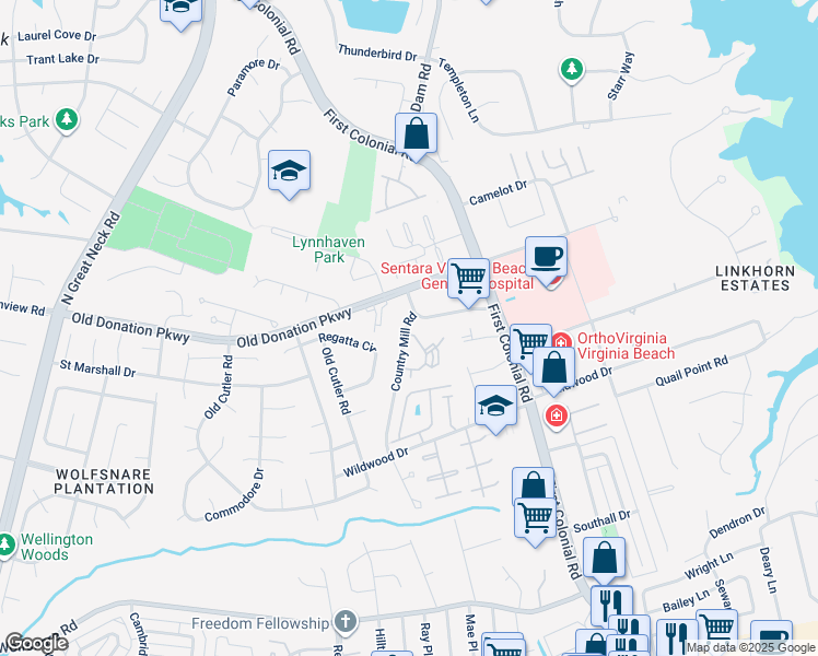 map of restaurants, bars, coffee shops, grocery stores, and more near 1004 Autumn Woods Lane in Virginia Beach