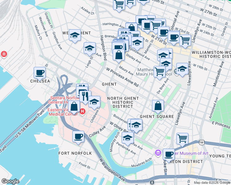 map of restaurants, bars, coffee shops, grocery stores, and more near 726 Westover Avenue in Norfolk