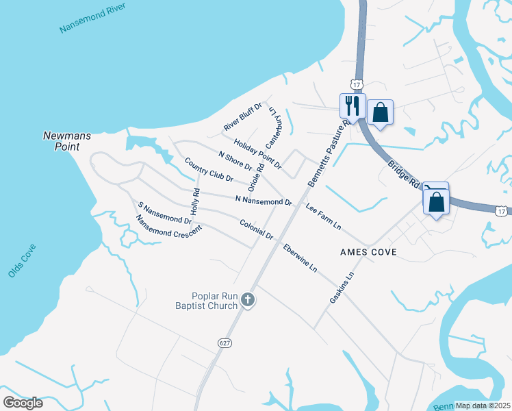 map of restaurants, bars, coffee shops, grocery stores, and more near 2841 North Nansemond Drive in Suffolk