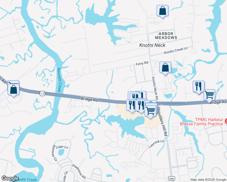 map of restaurants, bars, coffee shops, grocery stores, and more near 3504 Bridge Road in Suffolk