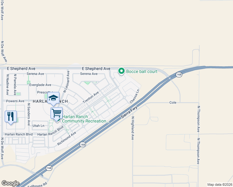 map of restaurants, bars, coffee shops, grocery stores, and more near 4179 Harlan Ranch Boulevard in Clovis