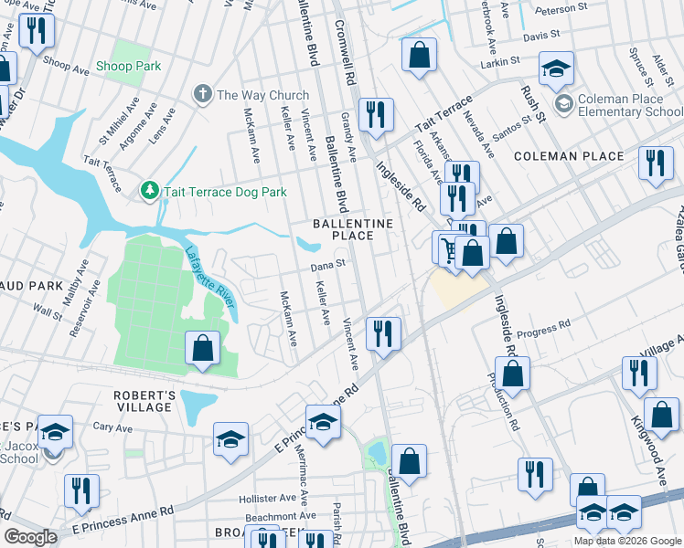 map of restaurants, bars, coffee shops, grocery stores, and more near 2355 Ballentine Boulevard in Norfolk