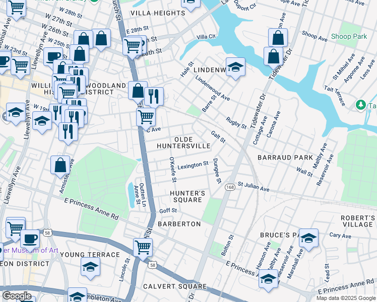 map of restaurants, bars, coffee shops, grocery stores, and more near in Norfolk