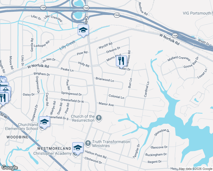 map of restaurants, bars, coffee shops, grocery stores, and more near 4940 Briarwood Lane in Portsmouth