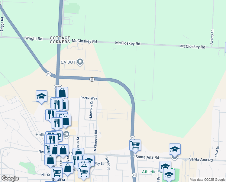 map of restaurants, bars, coffee shops, grocery stores, and more near 421 North Chappell Road in Hollister