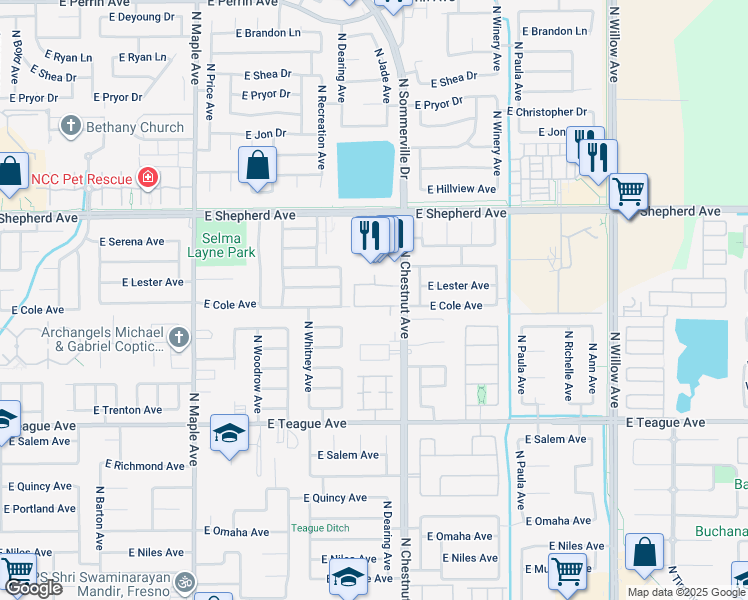 map of restaurants, bars, coffee shops, grocery stores, and more near 8755 North Chestnut Avenue in Fresno