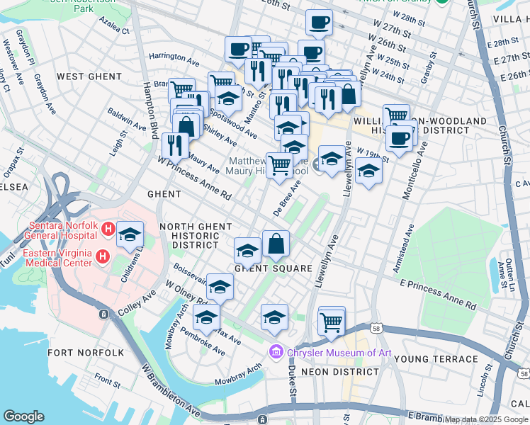 map of restaurants, bars, coffee shops, grocery stores, and more near 450 West Princess Anne Road in Norfolk
