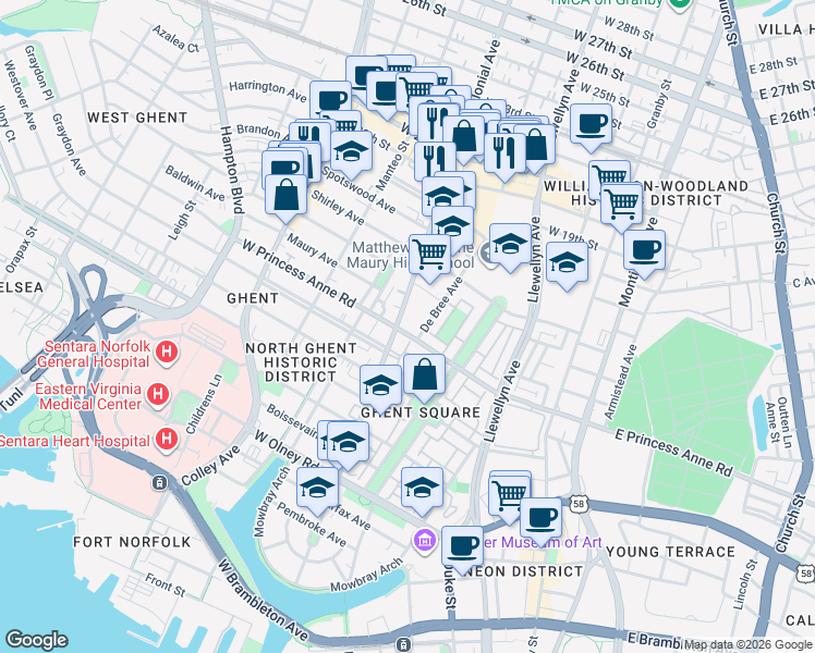 map of restaurants, bars, coffee shops, grocery stores, and more near 1316 De Bree Avenue in Norfolk