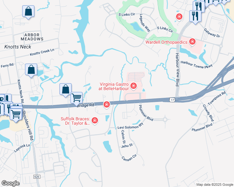 map of restaurants, bars, coffee shops, grocery stores, and more near 5812 Bernhowe Manor Lane in Suffolk