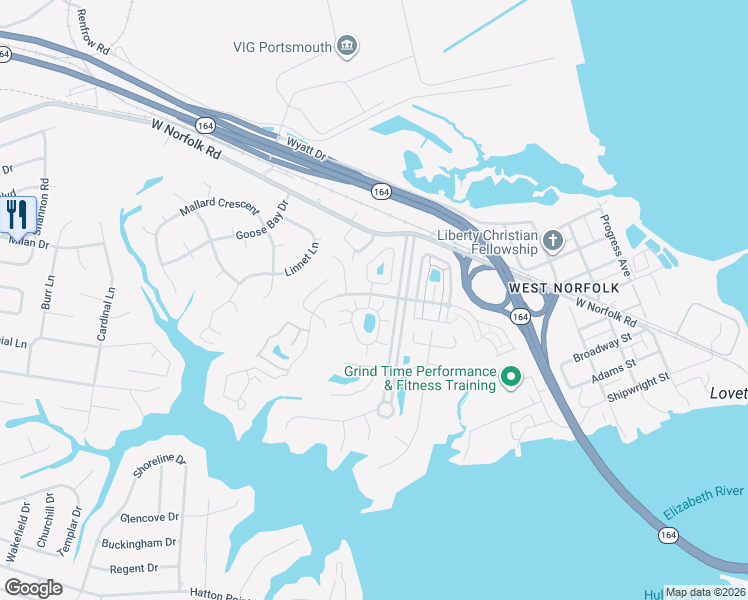 map of restaurants, bars, coffee shops, grocery stores, and more near 1 Centre Port Circle in Portsmouth