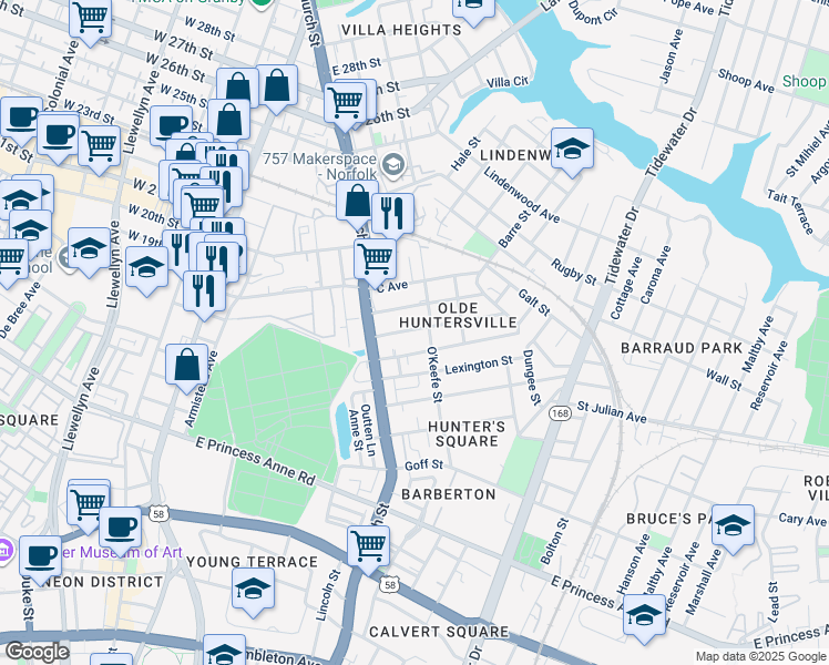map of restaurants, bars, coffee shops, grocery stores, and more near 755 A Avenue in Norfolk