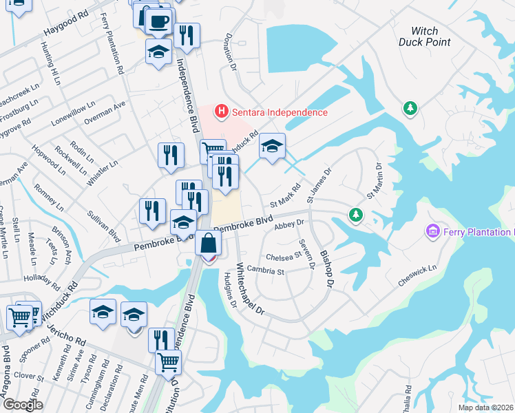 map of restaurants, bars, coffee shops, grocery stores, and more near 4504 Saint John Court in Virginia Beach