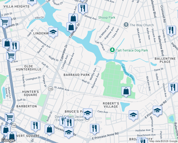 map of restaurants, bars, coffee shops, grocery stores, and more near 2412 Hanson Avenue in Norfolk