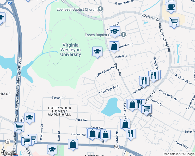 map of restaurants, bars, coffee shops, grocery stores, and more near 5804 Miss Coral Court in Virginia Beach