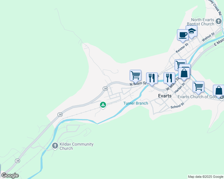 map of restaurants, bars, coffee shops, grocery stores, and more near 108 Van Street in Evarts