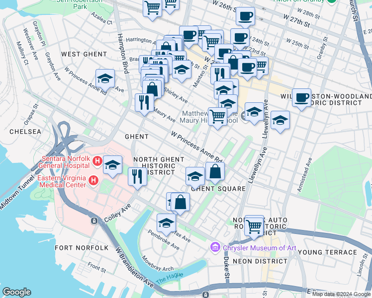 map of restaurants, bars, coffee shops, grocery stores, and more near 524 Graydon Avenue in Norfolk