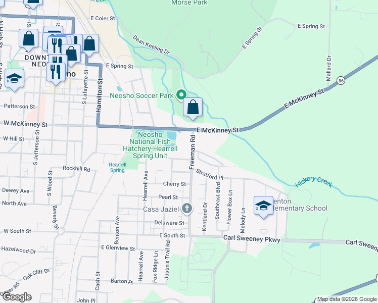 map of restaurants, bars, coffee shops, grocery stores, and more near 422 Freeman Road in Neosho