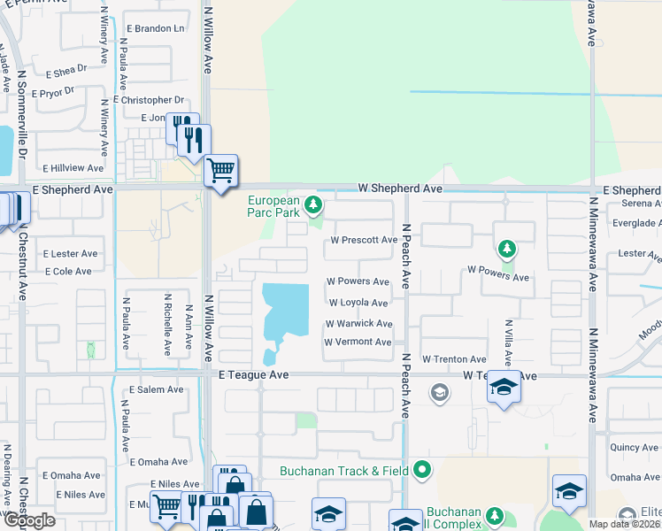 map of restaurants, bars, coffee shops, grocery stores, and more near 574 West Lester Avenue in Clovis