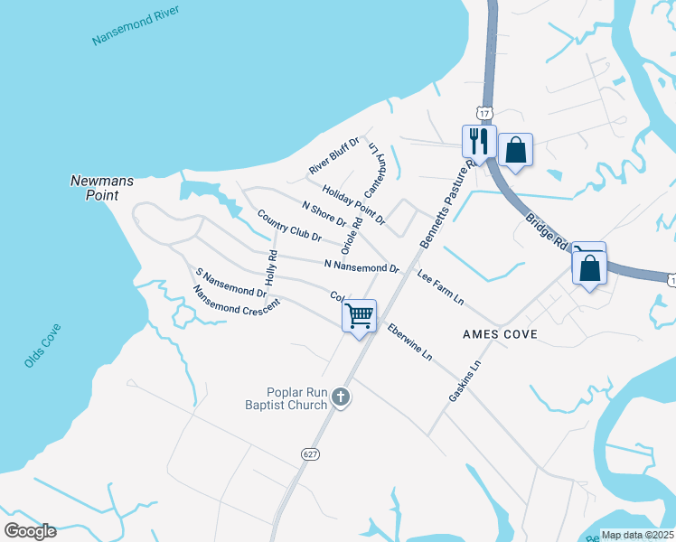 map of restaurants, bars, coffee shops, grocery stores, and more near 2833 North Nansemond Drive in Suffolk