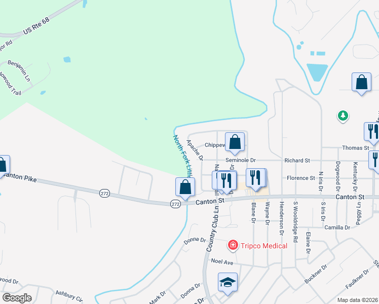 map of restaurants, bars, coffee shops, grocery stores, and more near 500-514 Apache Drive in Hopkinsville