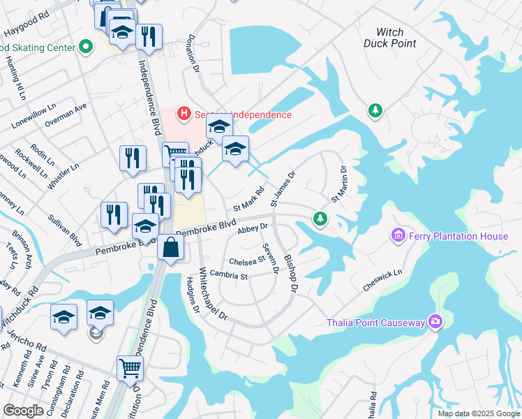 map of restaurants, bars, coffee shops, grocery stores, and more near 801 Saint Mark Court in Virginia Beach
