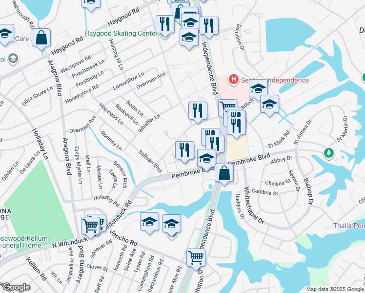 map of restaurants, bars, coffee shops, grocery stores, and more near 825 Crossing Court in Virginia Beach