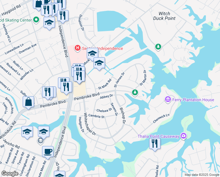 map of restaurants, bars, coffee shops, grocery stores, and more near 801 Saint Mark Court in Virginia Beach