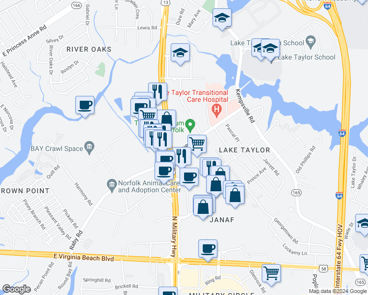 map of restaurants, bars, coffee shops, grocery stores, and more near 7856 Lowery Road in Norfolk