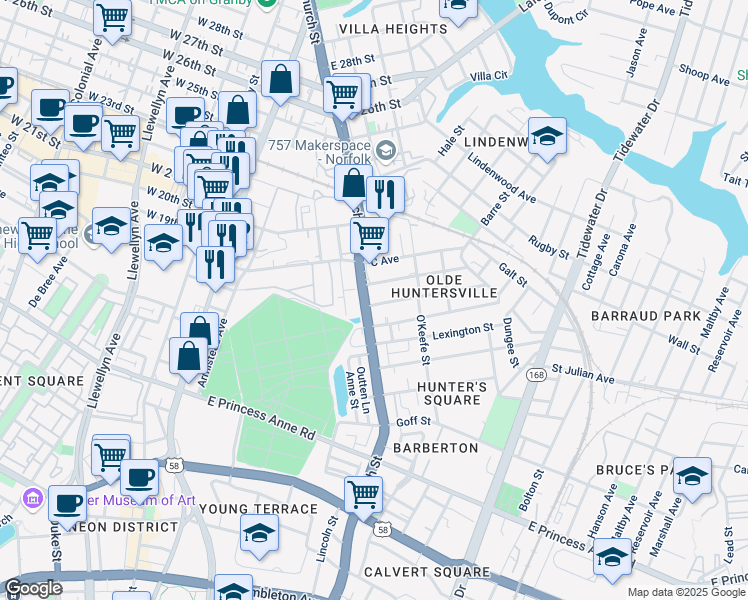 map of restaurants, bars, coffee shops, grocery stores, and more near 725 B Avenue in Norfolk