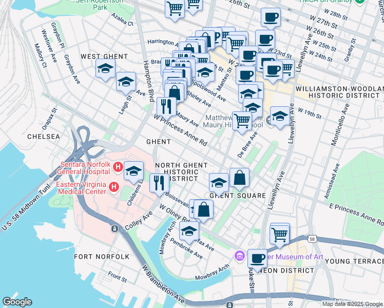 map of restaurants, bars, coffee shops, grocery stores, and more near 627 Graydon Avenue in Norfolk