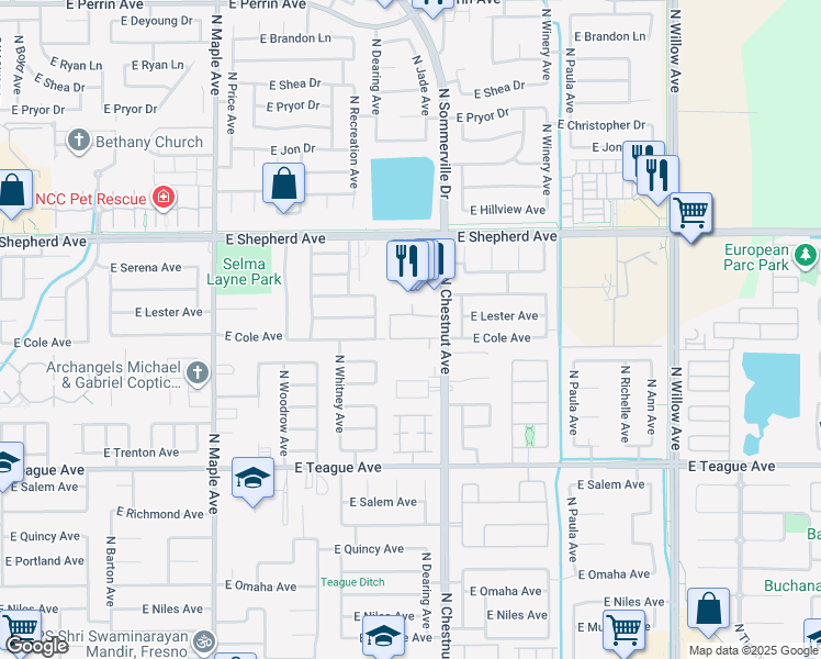 map of restaurants, bars, coffee shops, grocery stores, and more near 8755 North Chestnut Avenue in Fresno