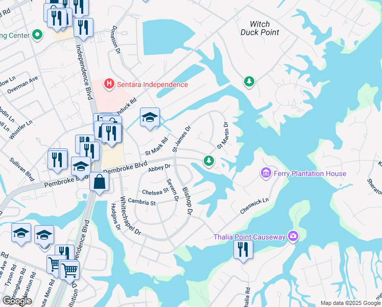 map of restaurants, bars, coffee shops, grocery stores, and more near 4317 Saint Albans Street in Virginia Beach
