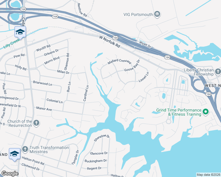 map of restaurants, bars, coffee shops, grocery stores, and more near 4509 Hunters Circle in Portsmouth