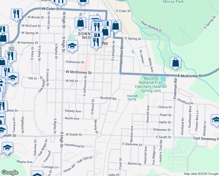 map of restaurants, bars, coffee shops, grocery stores, and more near 516 South Lafayette Street in Neosho
