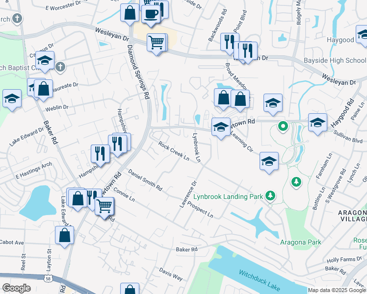 map of restaurants, bars, coffee shops, grocery stores, and more near 711 Brook Meadow Court in Virginia Beach