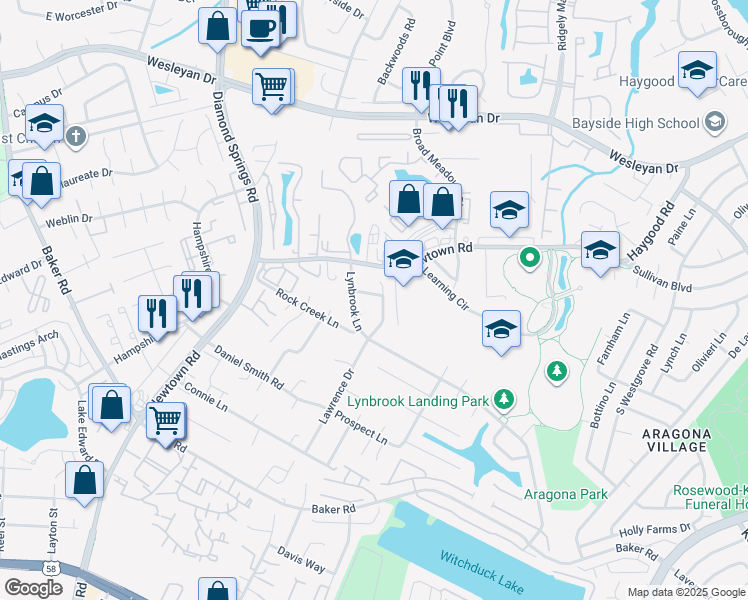 map of restaurants, bars, coffee shops, grocery stores, and more near 713 Wolftrap Lane in Virginia Beach